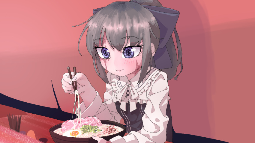 1girl black_dress blush bow chopsticks closed_mouth collared_dress commentary_request counter dorei_to_no_seikatsu_~teaching_feeling~ dress food food_stand fried_egg frilled_dress frills grey_hair hair_bow hand_up highres holding holding_chopsticks long_hair long_sleeves neck_ribbon noodles ponytail purple_bow ramen ribbon scar scar_on_face sisofu sitting smile solo sylvie_(dorei_to_no_seikatsu) two-tone_dress upper_body violet_eyes white_ribbon white_sleeves yatai