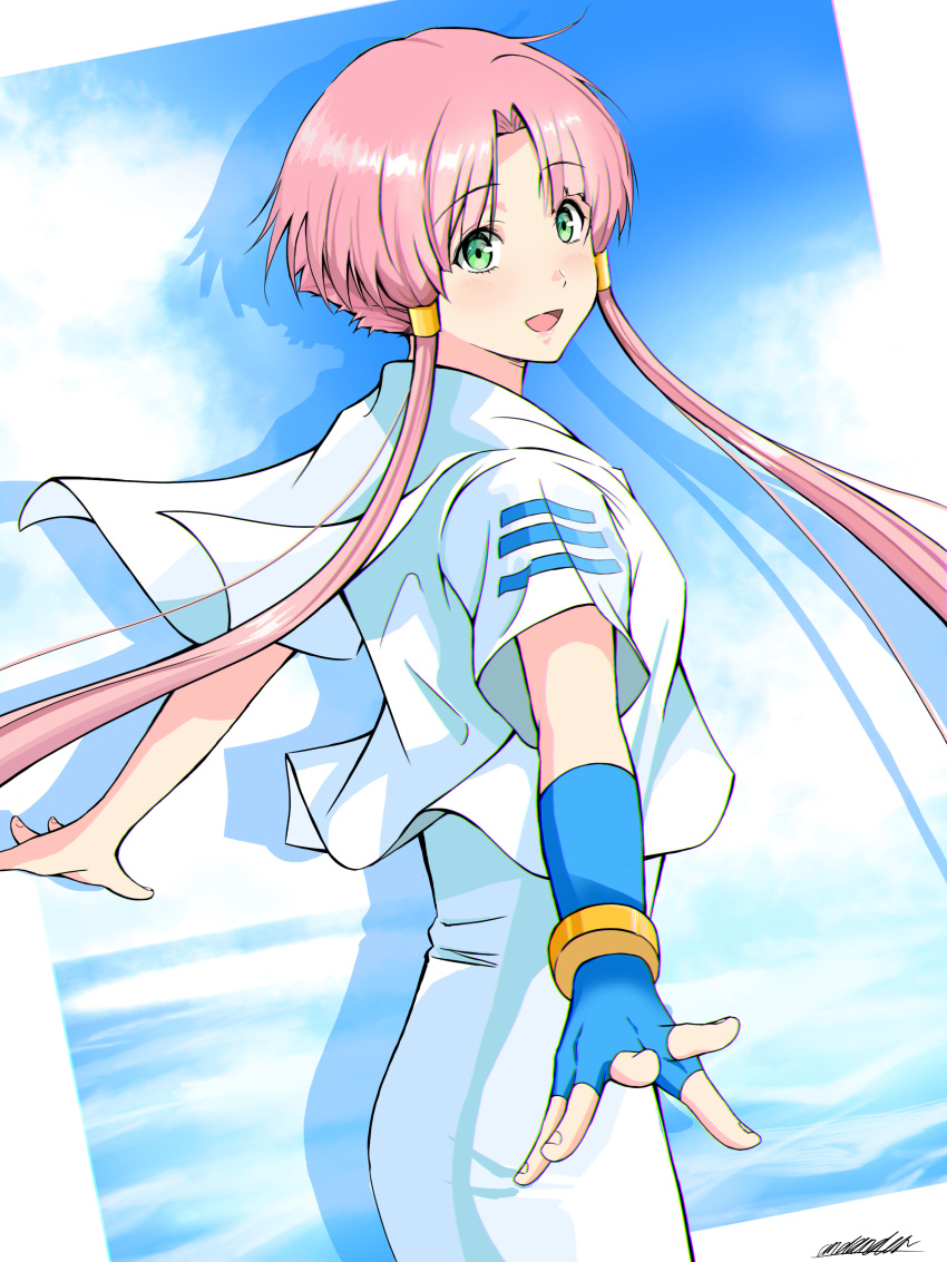 1girl absurdres andanden aria aria_company_uniform blue_gloves blue_sky clouds cloudy_sky dress eyelashes fingerless_gloves from_behind gloves green_eyes hair_tubes highres looking_at_viewer mizunashi_akari open_mouth parted_bangs pink_hair shadow short_hair_with_long_locks short_sleeves signature single_glove sky solo undine_(aria) white_dress