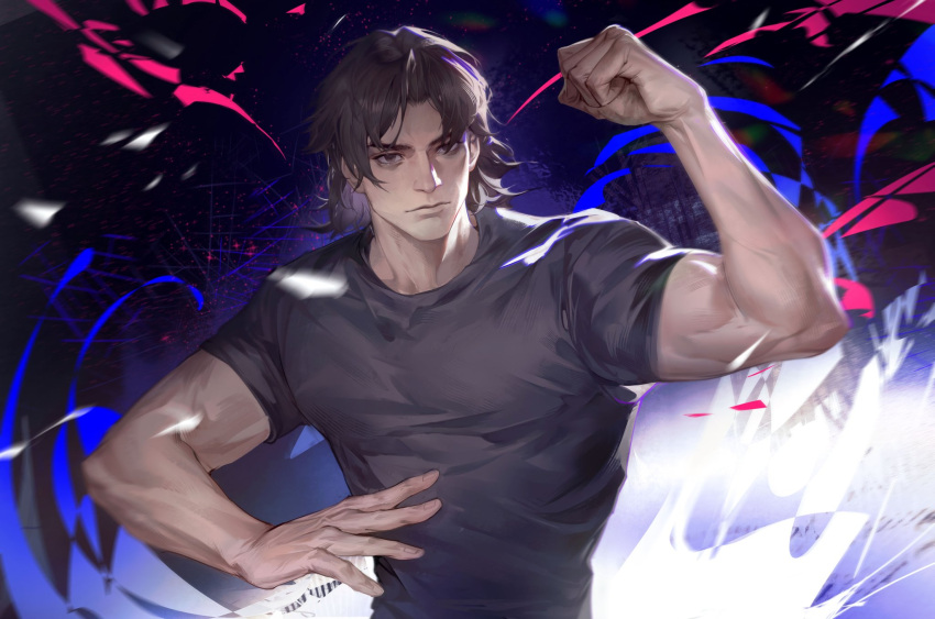 1boy bags_under_eyes biceps brown_hair fate/stay_night fate_(series) fighting_stance hands_up highres kotomine_kirei large_pectorals light_led001 looking_at_viewer male_focus medium_hair muscular muscular_male pectorals shirt solo t-shirt thick_eyebrows upper_body veins veiny_arms