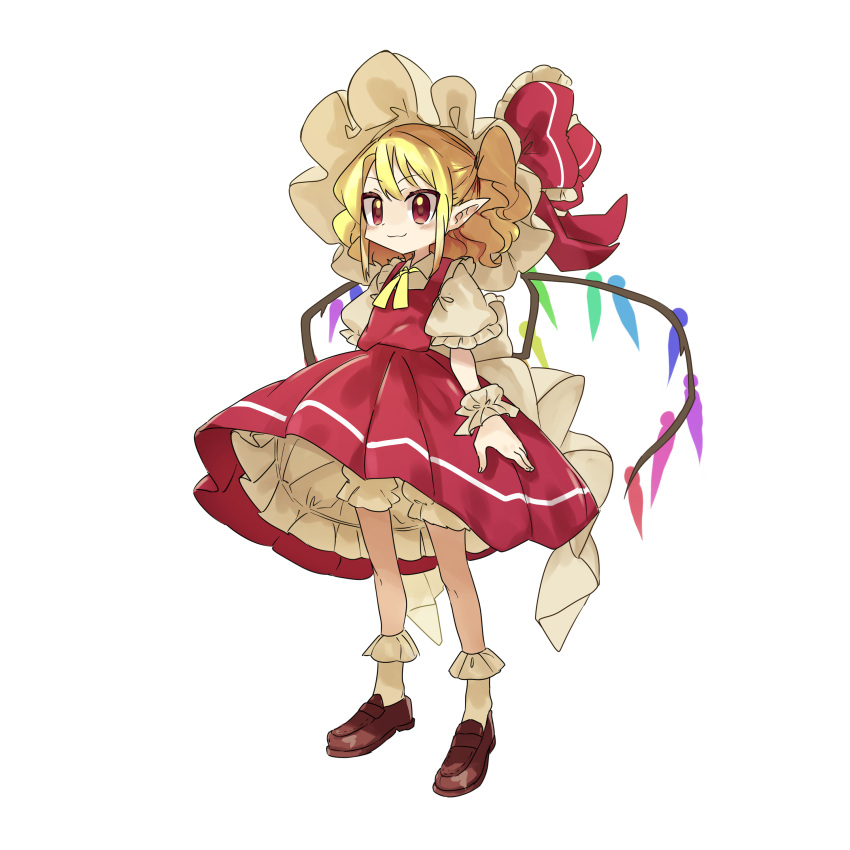 1girl absurdres blonde_hair bloomers brown_footwear closed_mouth commentary_request crystal flandre_scarlet frilled_skirt frills full_body hat hat_ribbon highres mob_cap one_side_up pointy_ears red_eyes red_ribbon red_skirt red_vest ribbon shirt short_hair short_sleeves simple_background skirt socks solo standing touhou underwear usayoshi_(touhopu2) vest white_background white_headwear white_shirt white_socks wings wrist_cuffs