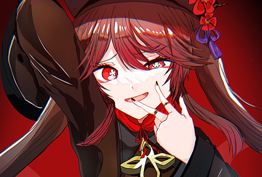 1girl arm_up black_nails chinese_clothes chromatic_aberration collared_coat commentary_request flower flower-shaped_pupils genshin_impact gradient_background hair_between_eyes hat hat_flower highres hu_tao_(genshin_impact) jewelry long_hair long_sleeves multiple_rings nail_polish red_background red_eyes ring solo symbol-shaped_pupils twintails upper_body w w_over_face wide_sleeves yossi_art