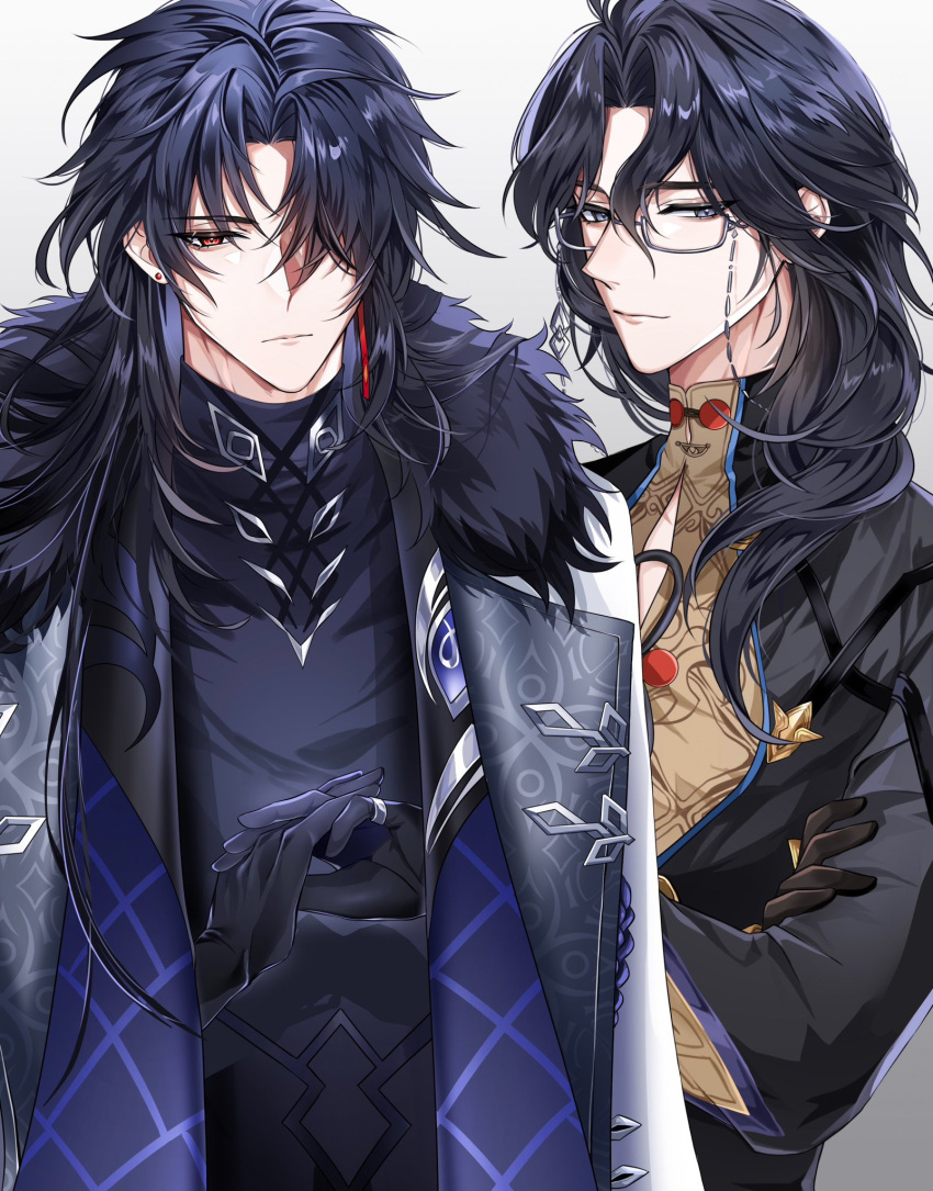 2boys black_gloves black_hair black_shirt blade_(honkai:_star_rail) blade_(honkai:_star_rail)_(cosplay) chinese_clothes closed_mouth coat coat_on_shoulders commentary cosplay costume_switch crossed_arms earrings english_commentary eyewear_strap fur-trimmed_coat fur_trim genshin_impact glasses gloves grey_background grey_eyes hair_between_eyes hair_over_one_eye hair_over_shoulder hands_up highres honkai:_star_rail honkai_(series) interlocked_fingers jewelry lapels light_smile long_hair long_sleeves looking_at_viewer male_focus mandarin_collar mihoyo mismatched_earrings multiple_boys one_eye_covered own_hands_together pantalone_(genshin_impact) pantalone_(genshin_impact)_(cosplay) parted_bangs red_eyes ring semi-rimless_eyewear serious shirt sidelocks simple_background stud_earrings turtleneck under-rim_eyewear upper_body white_coat z0umu
