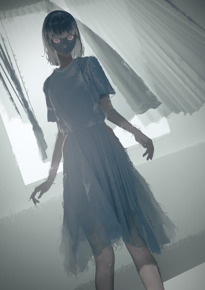 1girl absurdres backlighting closed_mouth commentary curtains dutch_angle feet_out_of_frame highres looking_at_viewer natari negative original red_eyes shirt short_hair short_sleeves skirt solo standing window