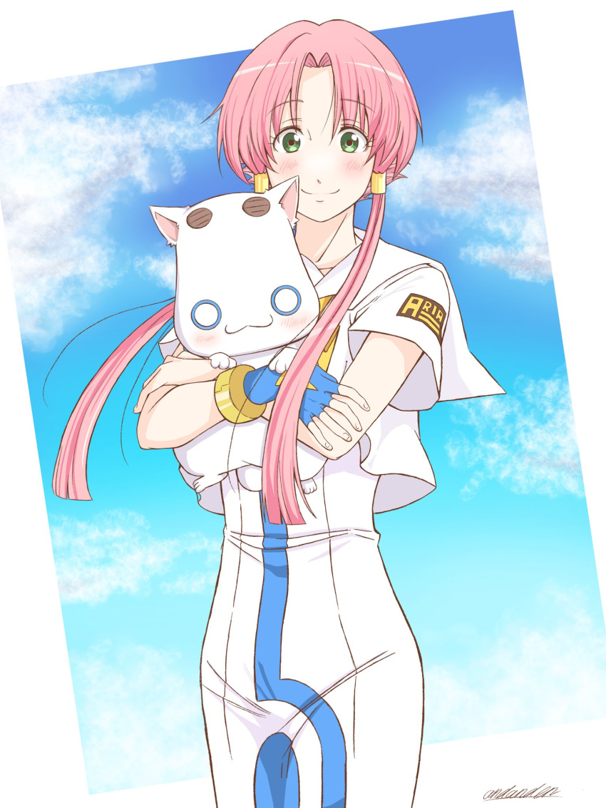 1girl andanden aria aria_company_uniform aria_pokoteng blue_gloves blue_sky cat closed_mouth clouds cloudy_sky dress feet_out_of_frame fingerless_gloves gloves gold_bracelet green_eyes hair_tubes highres holding looking_at_viewer mizunashi_akari parted_bangs pink_hair short_hair_with_long_locks short_sleeves signature single_glove sky smile solo standing white_dress