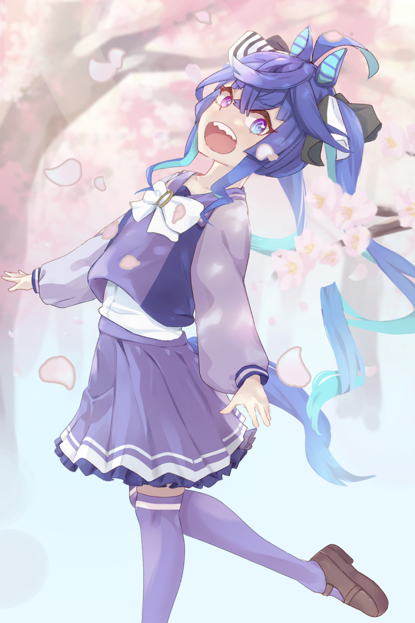 1girl @_@ ahoge animal_ears blue_eyes bow bowtie brown_footwear cherry_blossoms heterochromia highres horse_ears horse_girl horse_tail long_hair long_sleeves looking_at_viewer open_mouth outdoors petals purple_shirt purple_skirt purple_thighhighs sailor_collar school_uniform sharp_teeth shijima_(shizima_03) shirt shoes skirt smile solo tail teeth thigh-highs tracen_school_uniform tree twin_turbo_(umamusume) twintails umamusume upper_teeth_only violet_eyes walking
