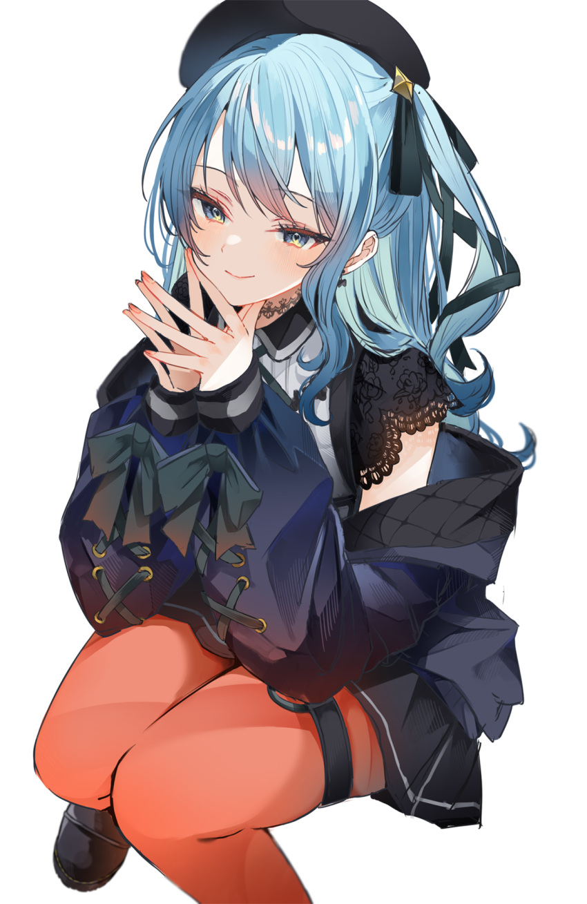 1girl beret blue_hair choker closed_mouth earrings foot_out_of_frame hair_ribbon hat highres hololive hoshimachi_suisei hoshimachi_suisei_(3rd_costume) jewelry looking_at_viewer one_side_up orange_pantyhose own_hands_together pantyhose ribbon simple_background sitting skirt smile solo thigh_strap uo_illust virtual_youtuber white_background