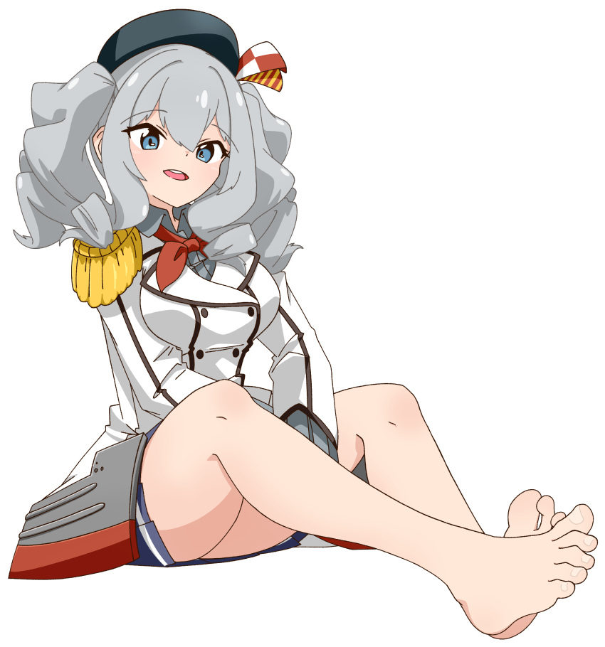 1girl absurdres barefoot beret black_headwear blue_eyes breasts commentary_request epaulettes full_body grey_hair grey_skirt hat highres jacket kantai_collection kashima_(kancolle) large_breasts long_sleeves looking_at_viewer military military_jacket military_uniform nairo neckerchief open_mouth pleated_skirt red_neckerchief round_teeth sitting skirt solo teeth twintails uniform upper_teeth_only wavy_hair white_jacket