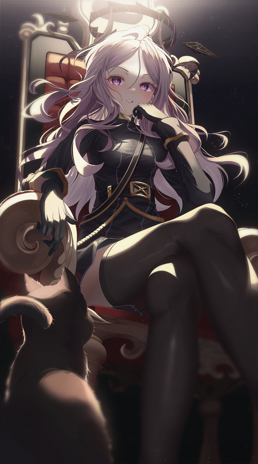 1girl 1other absurdres belt black_gloves blue_archive blush cat crossed_legs demon_horns forehead gloves halo hand_on_own_cheek hand_on_own_face hansul highres hina_(blue_archive) horns light military military_uniform open_mouth sitting solo thigh-highs thighs uniform violet_eyes white_hair