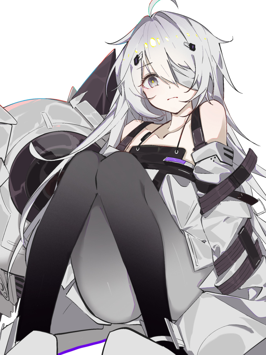 1girl bandage_on_face bandages belt frown grey_eyes highres knees_together_feet_apart kylin_47 looking_at_viewer no.21:_xxi_(punishing:_gray_raven) no.21_(punishing:_gray_raven) punishing:_gray_raven robot sitting solo straitjacket white_hair