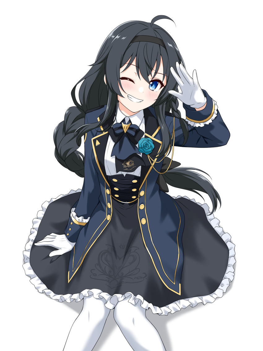 1girl absurdres ahoge arm_rest ascot black_corset black_hairband black_skirt blue_ascot blue_eyes blue_jacket blush boutonniere buttons collared_shirt corset cosplay dot_nose double-breasted feet_out_of_frame felutiahime frilled_skirt frills gloves grin hair_between_eyes hairband hand_up head_tilt highres hololive jacket long_hair long_sleeves looking_at_viewer low-tied_long_hair one_eye_closed open_mouth original pantyhose shirakami_fubuki shirakami_fubuki_(6th_costume) shirakami_fubuki_(cosplay) shirt sidelocks simple_background skirt sleeve_cuffs smile solo teeth white_background white_gloves white_pantyhose white_shirt
