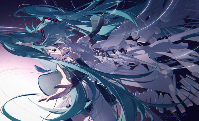 1girl absurdres bare_shoulders black_skirt black_sleeves black_thighhighs blue_hair blue_nails blue_necktie collared_shirt commentary cowboy_shot detached_sleeves floating_hair foreshortening from_behind hair_ornament hatsune_miku hatsune_miku_happy_16th_birthday_-dear_creators- headphones highres long_hair nail_polish necktie notebook number_tattoo nyansky palette_(object) piano_keys see-through see-through_sleeves shirt sidelighting sidelocks signature skirt solo space tattoo thigh-highs tie_clip twintails very_long_hair vocaloid white_shirt zipper_pull_tab