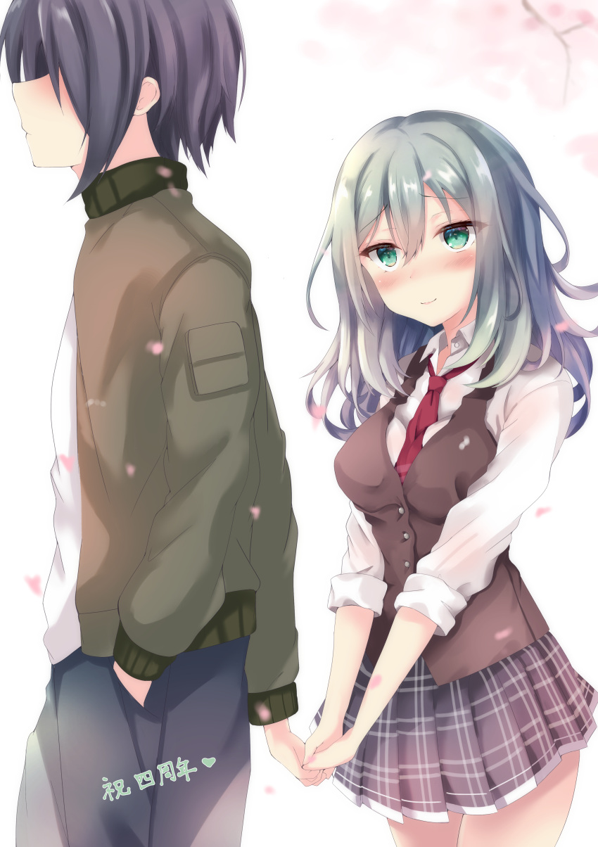 1boy 1girl absurdres aqua_eyes aqua_hair arihara_satoru black_hair black_pants blurry blurry_background blush breasts brown_jacket brown_sweater_vest cherry_blossoms closed_mouth collared_shirt commentary_request couple cowboy_shot double-parted_bangs eyelashes eyes_visible_through_hair falling_petals grey_skirt hair_between_eyes heart hetero highres holding_hands jacket large_breasts long_hair long_sleeves looking_at_another miniskirt necktie no_eyes outdoors pants petals plaid plaid_skirt pleated_skirt profile purunyara red_necktie riddle_joker school_uniform shikibe_mayu shirt short_hair shy simple_background skirt sleeves_rolled_up smile standing sweater_vest translation_request upturned_eyes wavy_hair white_background white_shirt