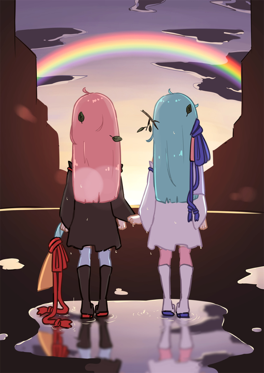 2girls after_rain black_dress blue_hair blue_ribbon blue_thighhighs boots clothes_grab clouds commentary_request detached_sleeves dress facing_away from_behind full_body gradient_sky hair_ribbon highres holding holding_ribbon knee_boots kotonoha_akane kotonoha_aoi leaf leaf_on_head magnumcarta messy_hair multiple_girls outdoors pink_hair pink_thighhighs puddle rainbow red_ribbon reflection reflective_water ribbon ripples short_dress siblings side-by-side sisters sky sleeve_grab standing thigh-highs twilight voiceroid wet wet_clothes wet_hair white_dress