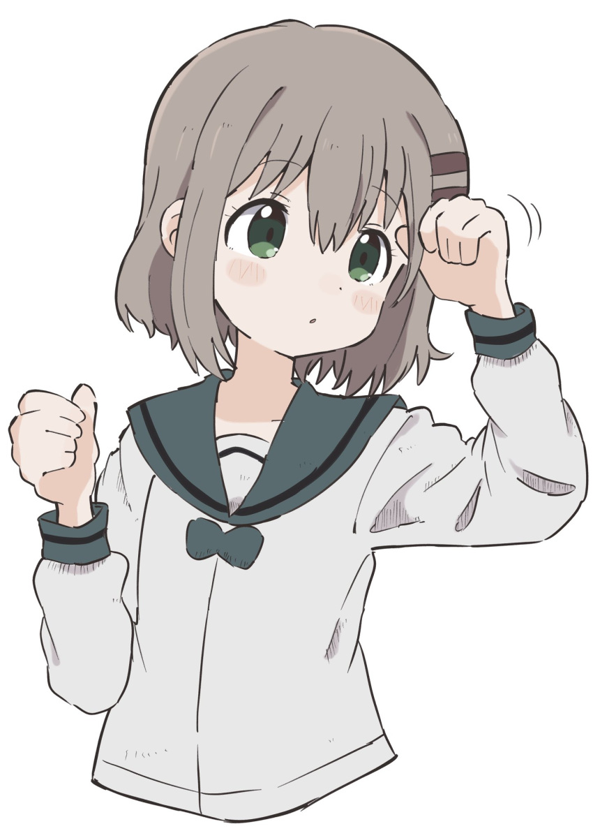 1girl arms_up blush_stickers bob_cut bow cropped_torso dot_mouth green_eyes hair_ornament hairclip head_tilt highres light_brown_hair long_sleeves motion_lines sailor_collar school_uniform short_hair solo white_background yama_no_susume yoyohachi yukimura_aoi