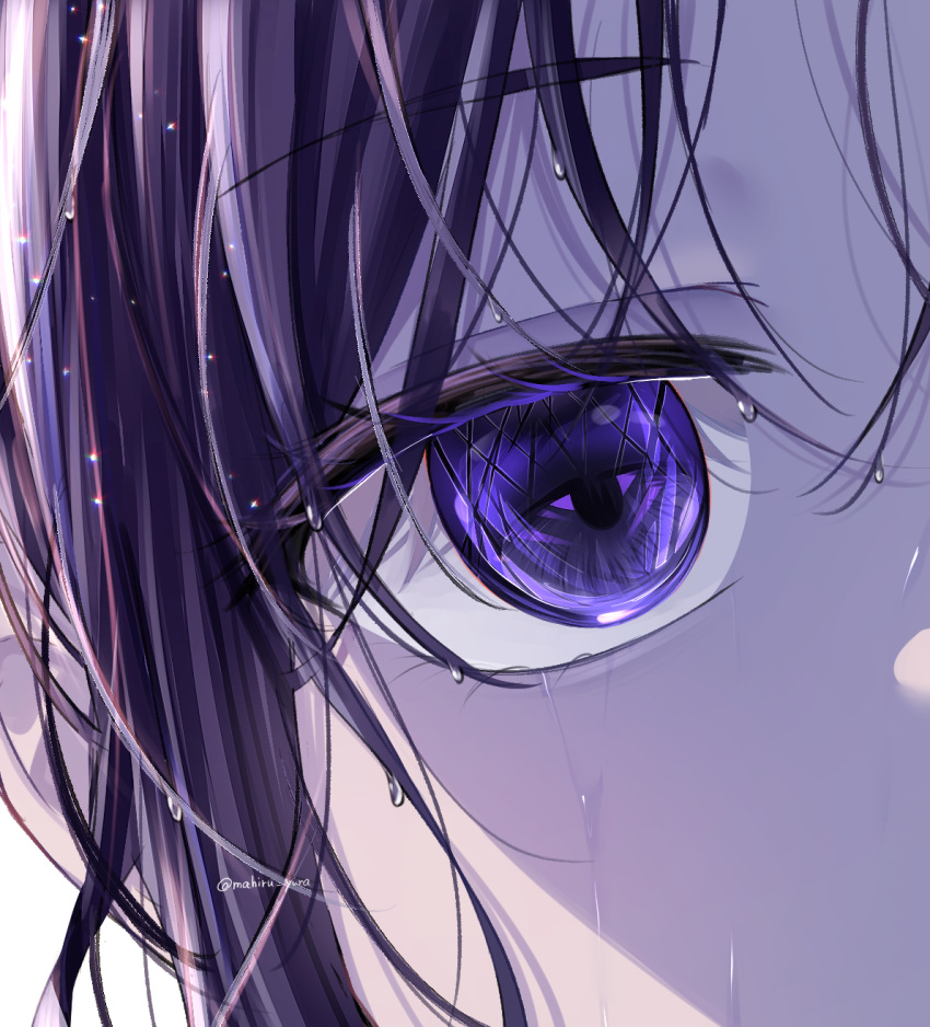 1girl asahina_mafuyu chromatic_aberration close-up commentary_request crying crying_with_eyes_open eye_focus hair_between_eyes highres light_particles looking_at_viewer mahiru_yura project_sekai purple_hair purple_theme rain shadow sidelocks simple_background solo sparkle tears twitter_username violet_eyes water_drop wet wet_face wet_hair white_background