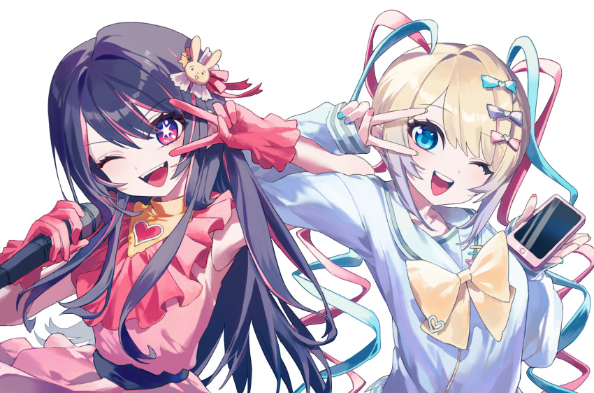 2girls ;d blonde_hair blue_bow blue_eyes blue_hair blue_nails blue_shirt blush bow cellphone chouzetsusaikawa_tenshi-chan commentary crossover dress frilled_dress frilled_gloves frills gloves hair_between_eyes hair_bow hair_ornament highres holding holding_microphone holding_phone hoshino_ai_(oshi_no_ko) long_hair long_sleeves looking_at_viewer microphone multicolored_hair multicolored_nails multiple_girls needy_girl_overdose one_eye_closed open_mouth oshi_no_ko phone pink_bow pink_dress pink_gloves pink_hair pink_nails purple_bow purple_hair quad_tails rabbit_hair_ornament sailor_collar sailor_shirt seeshin_see shirt sidelocks simple_background sleeveless sleeveless_dress smartphone smile star-shaped_pupils star_(symbol) symbol-shaped_pupils teeth twintails upper_body upper_teeth_only v v_over_eye very_long_hair violet_eyes white_background yellow_bow