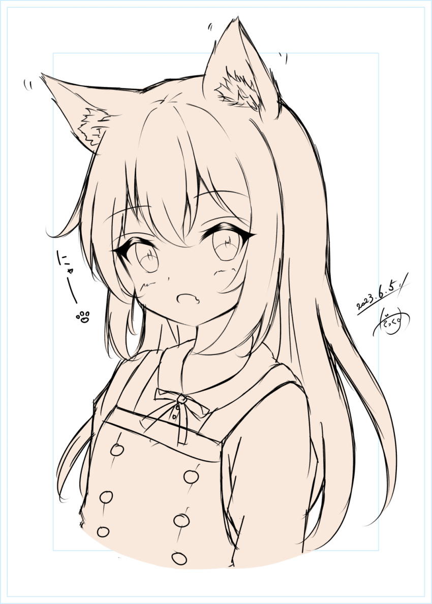 1girl animal_ear_fluff animal_ears asashio_(kancolle) blush brown_theme cat_ears collared_shirt commentary_request cropped_torso dakkusu dated dress fang hair_between_eyes highres kantai_collection kemonomimi_mode long_hair looking_at_viewer monochrome open_mouth pinafore_dress shirt signature simple_background sleeveless sleeveless_dress solo translation_request upper_body very_long_hair white_background
