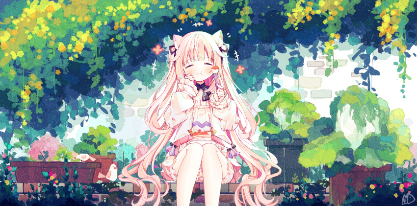 1girl absurdres animal_ears blonde_hair blush brick_wall cake chucolala closed_mouth commentary_request dress eating flower_pot food fork hair_ribbon hand_to_own_face highres holding holding_fork leaf legs_together long_hair long_sleeves mashiro_kanon plant plate ribbon sitting smile solo very_long_hair vines virtual_youtuber wavy_hair white_dress xianyuzi