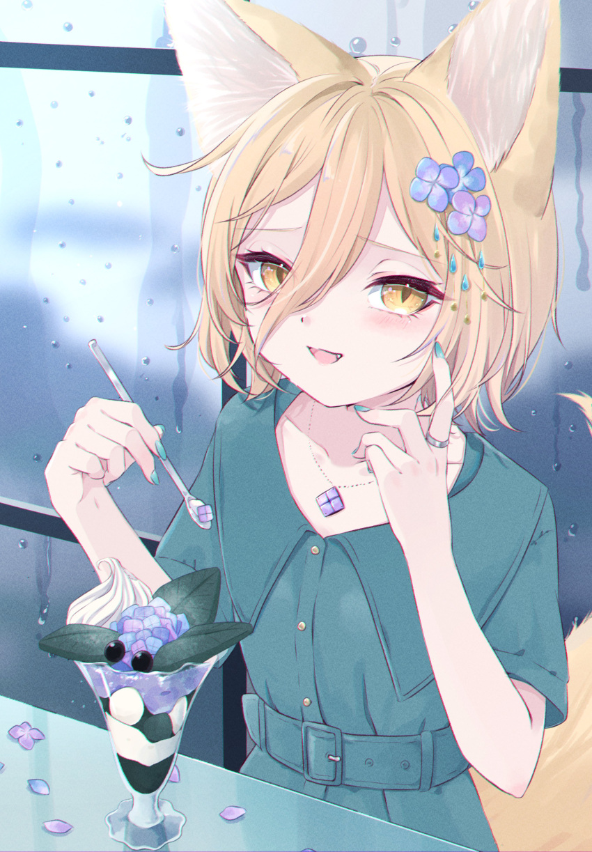 1girl absurdres alternate_costume animal_ears blonde_hair blue_flower blush collarbone dress fang fingernails flower fox_ears fox_tail green_dress green_nails hair_flower hair_ornament highres holding holding_spoon kudamaki_tsukasa mizore_arius nail_polish open_mouth parfait petals purple_flower short_hair short_sleeves solo spoon tail touhou yellow_eyes