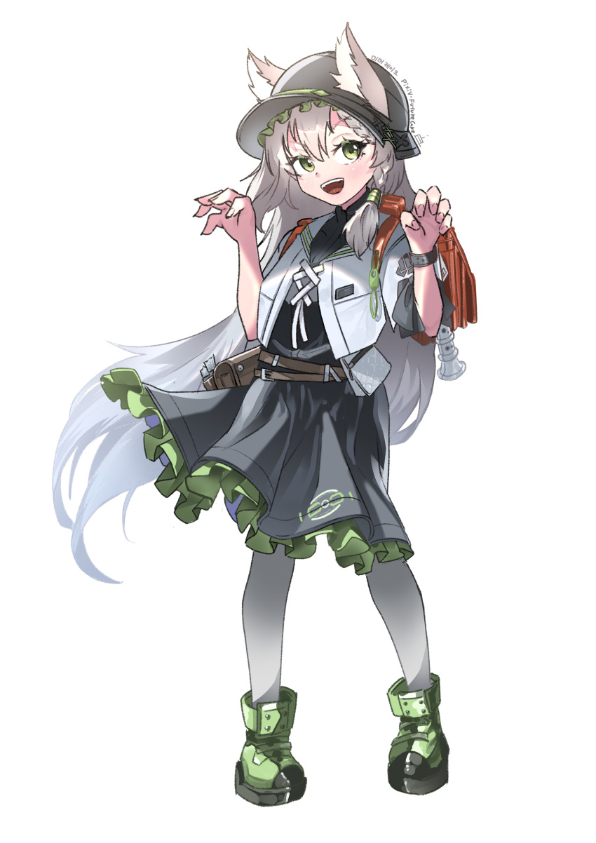 1girl absurdres animal_ear_fluff animal_ears arms_up backpack bag black_headwear commentary_request dress dushevnaya_(girls'_frontline_nc) full_body future_cake girls'_frontline_neural_cloud girls_frontline green_eyes green_footwear grey_hair highres looking_at_viewer open_mouth pantyhose simple_background smile solo standing teeth upper_teeth_only white_background white_pantyhose