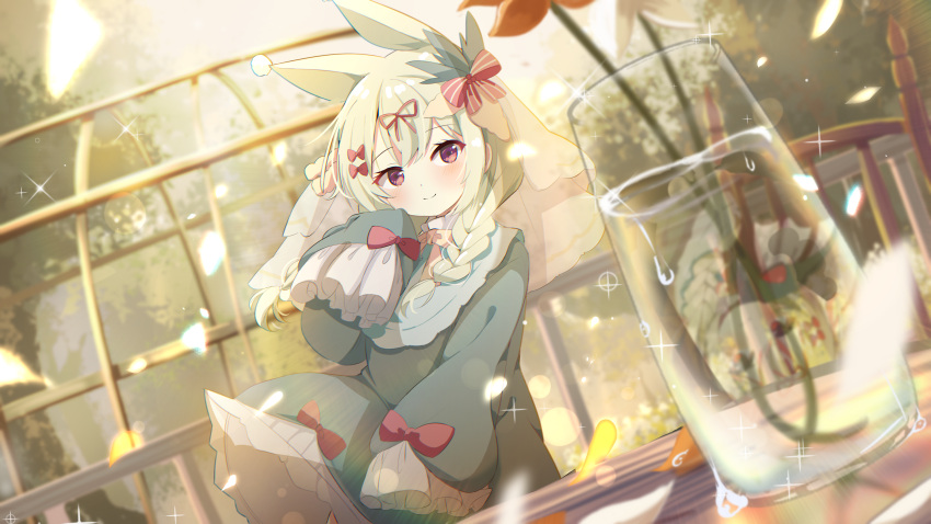 1girl absurdres animal_ears blonde_hair blush bow braid closed_mouth dress hair_between_eyes hair_bow highres long_hair long_sleeves looking_at_viewer original red_bow red_eyes shiro9jira sleeves_past_fingers sleeves_past_wrists smile solo upper_body