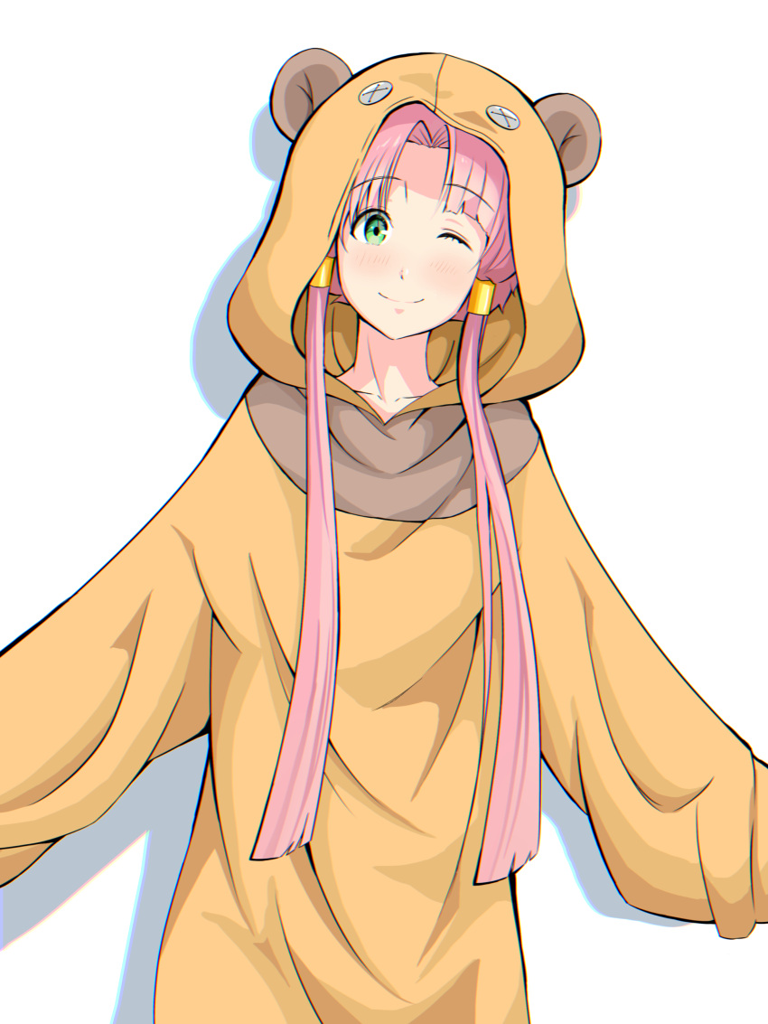 1girl absurdres andanden animal_costume aria bear_costume closed_mouth collarbone cowboy_shot green_eyes highres hood hood_up looking_at_viewer mizunashi_akari one_eye_closed parted_bangs pink_hair shadow short_hair_with_long_locks simple_background smile solo white_background