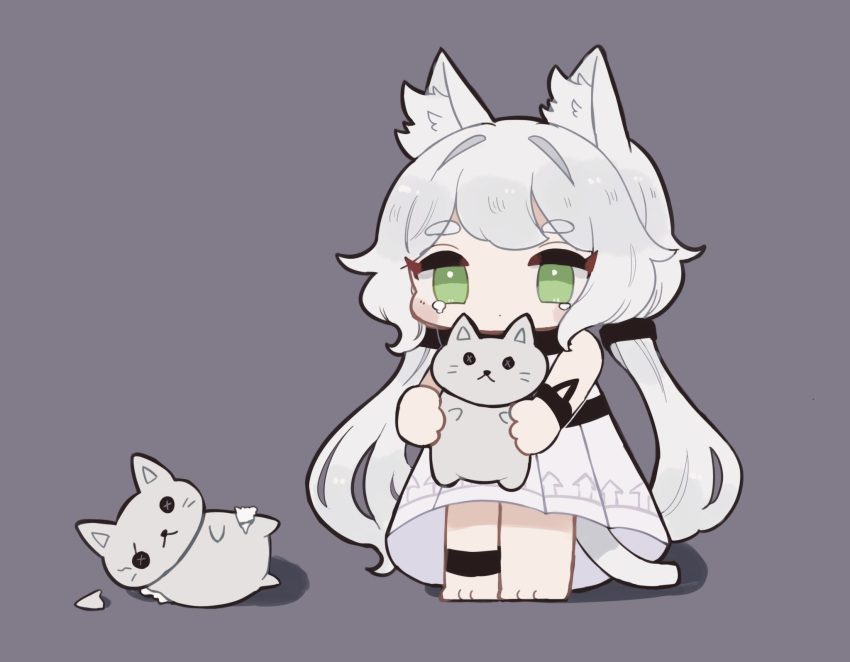 animal_ear_fluff animal_ears arknights bare_shoulders barefoot blush_stickers cat_ears cat_girl cat_tail chibi closed_mouth commentary_request damaged dress green_eyes grey_background grey_hair hair_intakes highres holding holding_stuffed_toy looking_at_viewer low_twintails rosmontis_(arknights) short_eyebrows simple_background sleeveless sleeveless_dress someyaya stuffed_animal stuffed_cat stuffed_toy tail tears thick_eyebrows twintails white_dress