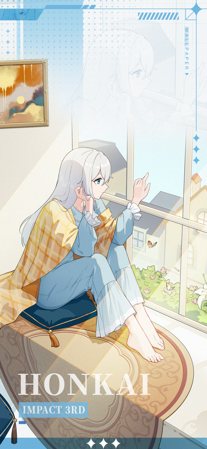1girl alternate_costume arm_support barefoot blue_eyes blue_sleeves bug butterfly cecilia_schariac chinese_commentary closed_mouth cushion day english_text highres honkai_(series) honkai_impact_3rd house indoors long_hair looking_outside official_art official_wallpaper painting_(object) solo toes white_hair window