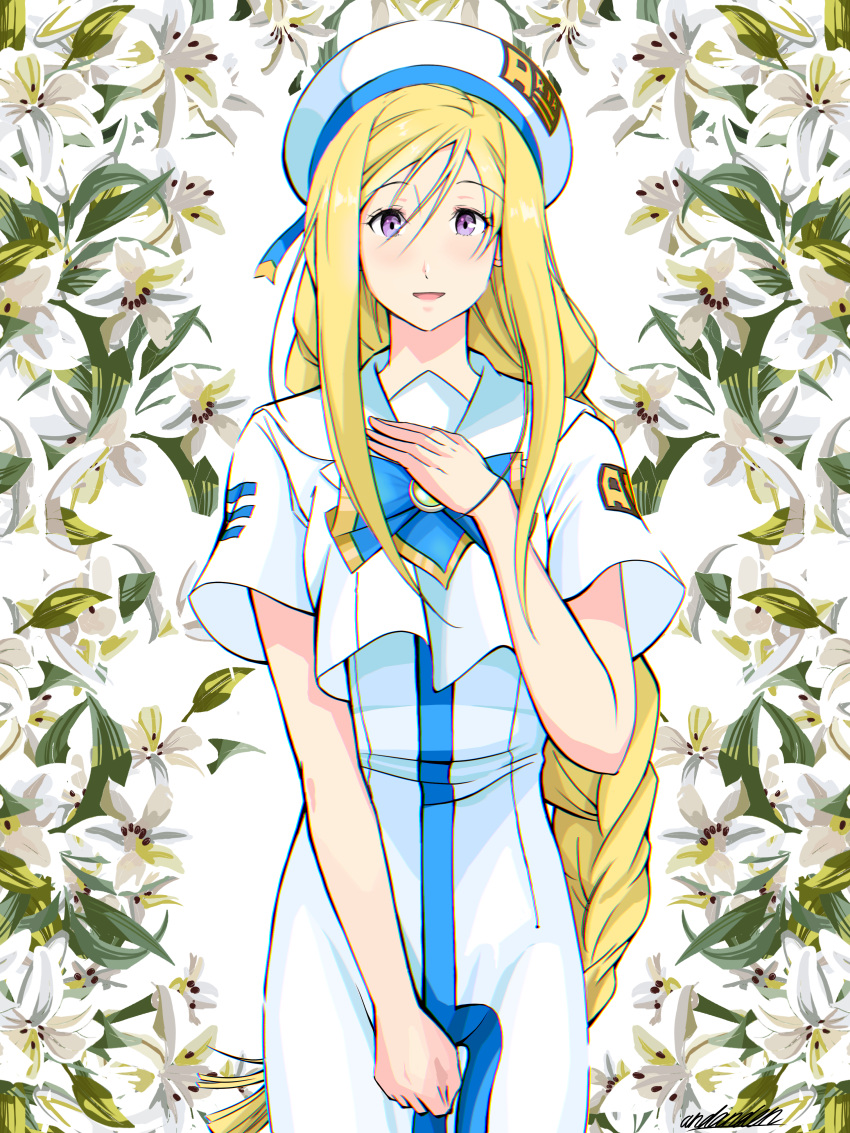 1girl absurdres alicia_florence andanden aria aria_company_uniform beret blonde_hair blue_bow blue_bowtie blue_ribbon blush bow bowtie braid cowboy_shot floral_background flower gold_trim hair_between_eyes hand_on_own_chest hand_up hat hat_ribbon highres lily_(flower) long_hair looking_at_viewer open_mouth parted_bangs ribbon short_sleeves signature solo swept_bangs undine_(aria) violet_eyes white_flower white_headwear