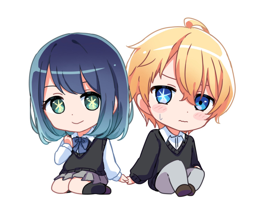 1boy 1girl black_sweater black_sweater_vest blonde_hair blue_bow blue_bowtie blue_eyes blue_hair bow bowtie chibi collared_shirt fu7 gradient_hair grey_pants grey_skirt highres hoshino_aquamarine kurokawa_akane mismatched_pupils multicolored_hair oshi_no_ko pants pleated_skirt shirt skirt star-shaped_pupils star_(symbol) star_in_eye sweater sweater_vest swept_bangs symbol-shaped_pupils symbol_in_eye teardrop tearing_up white_shirt