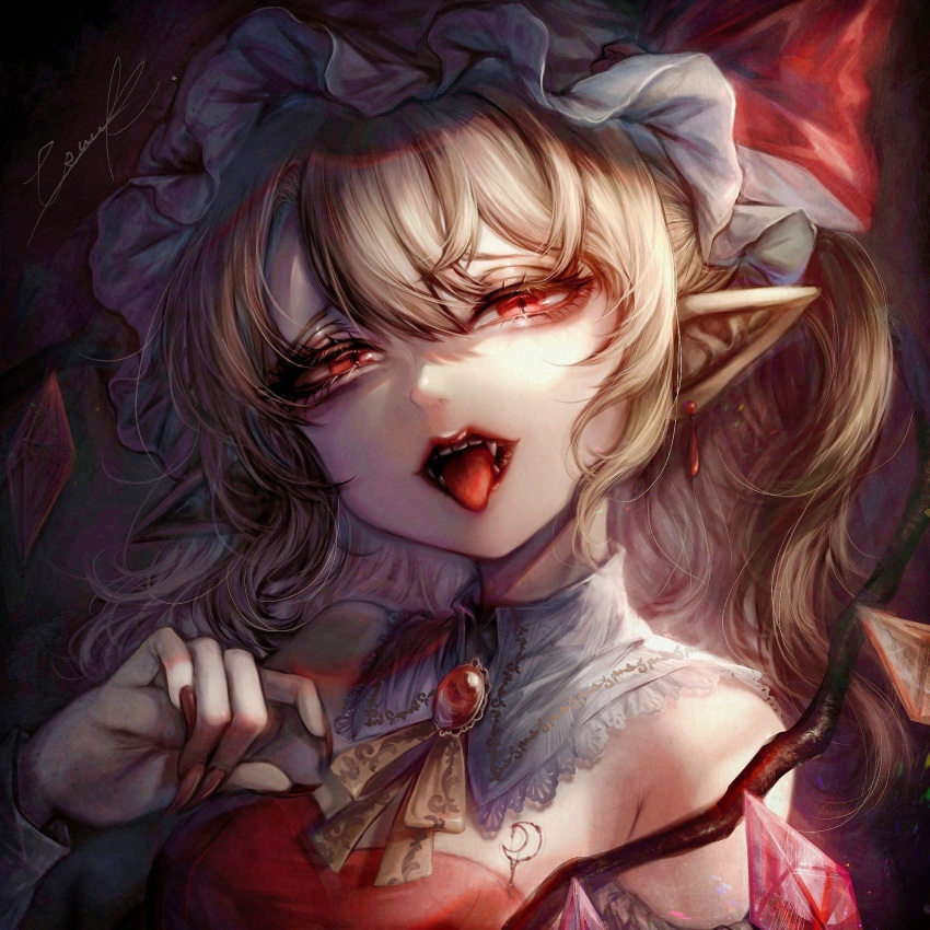 1girl adapted_costume bare_shoulders breasts brooch commentary_request crystal earrings fangs fingernails flandre_scarlet hair_between_eyes hand_up hat highres jewelry kyogoku-uru lips long_fingernails long_hair looking_at_viewer medium_breasts mob_cap nail_polish one_side_up pointy_ears portrait red_eyes red_nails sharp_fingernails signature solo teeth tongue tongue_out touhou upper_body wings