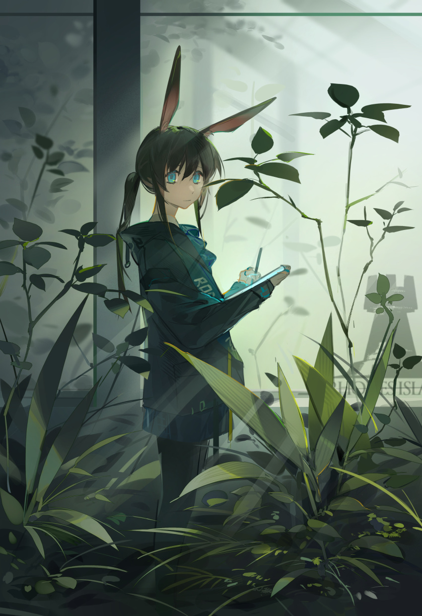 1girl :| absurdres amiya_(arknights) animal_ears arknights black_pantyhose blue_eyes blue_jabot blue_jacket blue_skirt brown_hair closed_mouth expressionless fern from_side full_body hair_between_eyes highres holding holding_stylus holding_tablet_pc hood hood_down hooded_jacket indoors infection_monitor_(arknights) jabot jacket long_bangs looking_at_viewer low_ponytail nature nyansky original pantyhose plant pleated_skirt rabbit_ears rabbit_girl rhodes_island_logo sidelocks skirt solo standing stylus tablet_pc