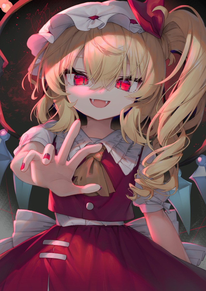 1girl ascot blonde_hair collared_shirt crystal dated fangs fingernails flandre_scarlet frilled_shirt_collar frills gunjou_row hair_between_eyes hat highres long_hair mob_cap nail_polish one_side_up open_mouth puffy_short_sleeves puffy_sleeves red_eyes red_nails red_skirt red_vest shirt short_sleeves signature skirt smile solo touhou twitter_username vest white_headwear white_shirt wings yellow_ascot