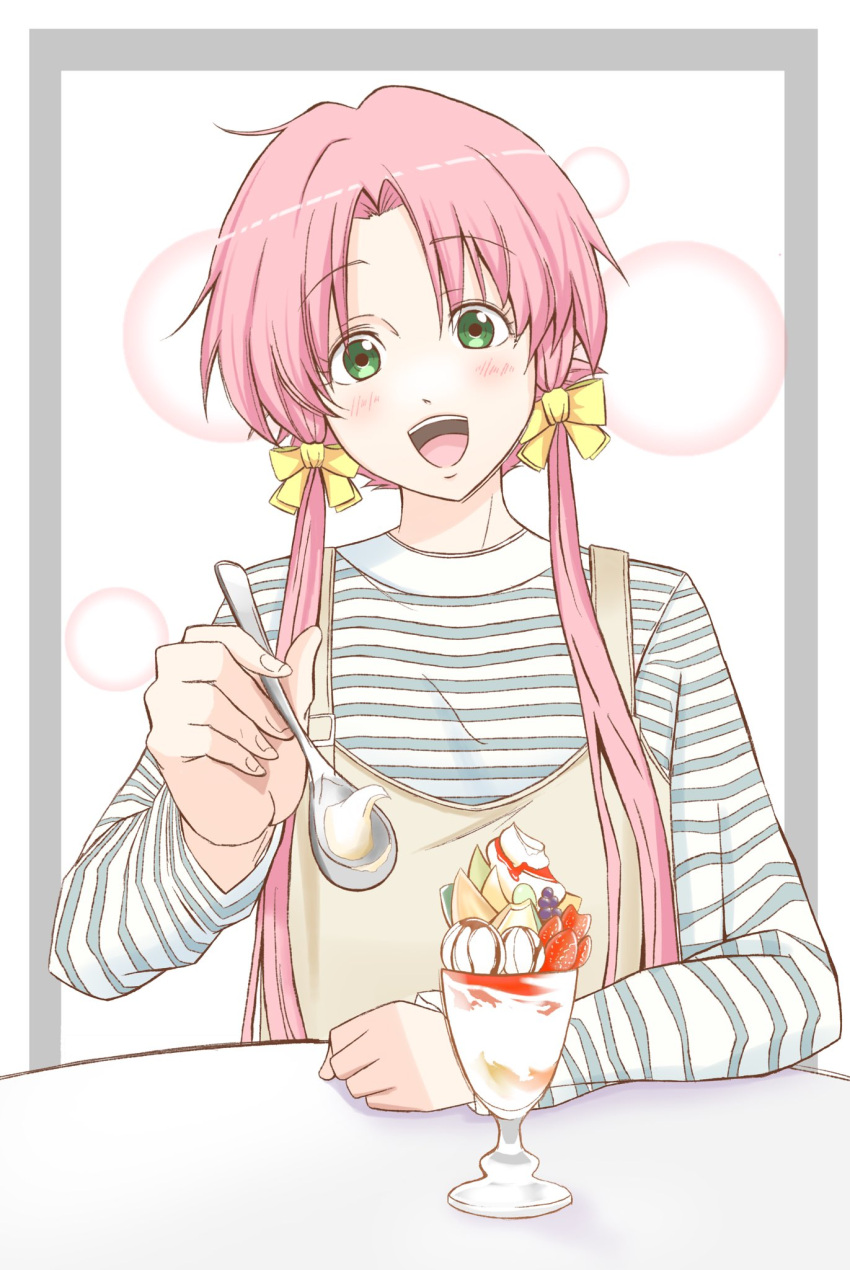 1girl alternate_costume andanden aria bow green_eyes hair_bow highres holding long_sleeves looking_at_viewer mizunashi_akari open_mouth overalls parfait parted_bangs pink_hair shirt short_hair_with_long_locks sitting solo spoon striped striped_shirt teeth upper_body upper_teeth_only yellow_bow