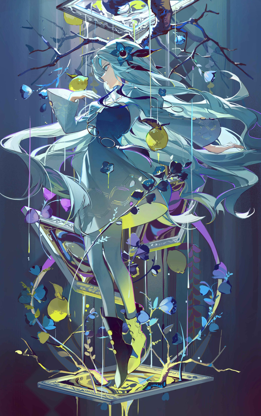 1girl absurdres arm_behind_back black_footwear blue_dress blue_eyes blue_flower blue_hair boots breasts dress floating floating_hair flower from_side full_body gradient_dress hair_between_eyes hair_flower hair_ornament hand_up highres isekai_joucho kamitsubaki_studio long_hair long_sleeves looking_ahead medium_breasts nyansky outstretched_arm pantyhose parted_lips picture_frame sidelocks solo virtual_youtuber white_dress white_pantyhose