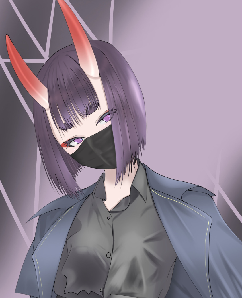 1girl absurdres alternate_costume black_shirt bob_cut demon_girl eyeliner fate/grand_order fate_(series) highres horns looking_at_viewer makeup mask mouth_mask oni oni_horns open_mouth purple_hair shirt short_hair shuten_douji_(fate) skin-covered_horns smile solo user_tvny5553 violet_eyes