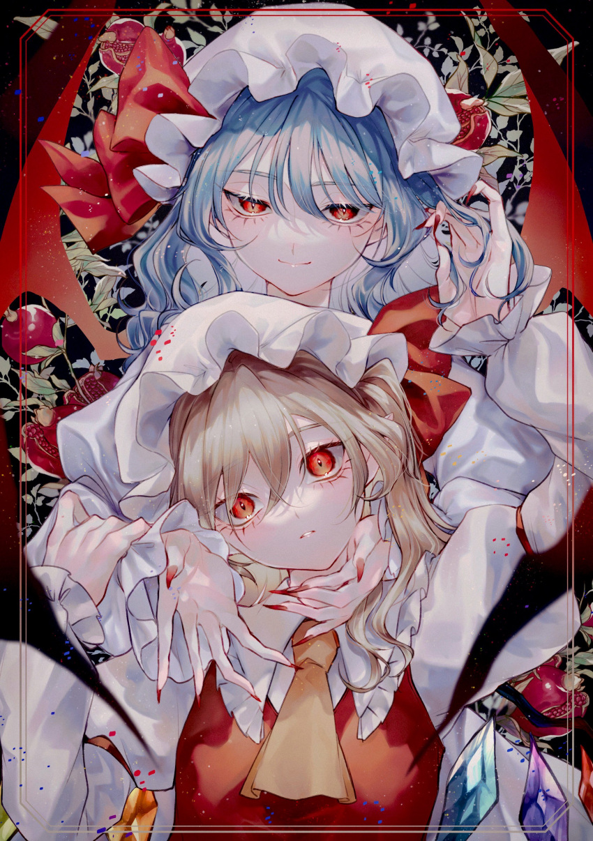 2girls absurdres ascot bat_wings blonde_hair blue_hair closed_mouth collared_shirt crystal fingernails flandre_scarlet food frilled_shirt_collar frilled_sleeves frills fruit hair_between_eyes hat hat_ribbon highres katai_(nekoneko0720) long_fingernails long_sleeves mob_cap multiple_girls nail_polish one_side_up pomegranate red_eyes red_nails red_ribbon red_vest red_wings remilia_scarlet ribbon sharp_fingernails shirt short_hair siblings sisters sleeve_garter smile touhou vest white_headwear white_shirt wings yellow_ascot