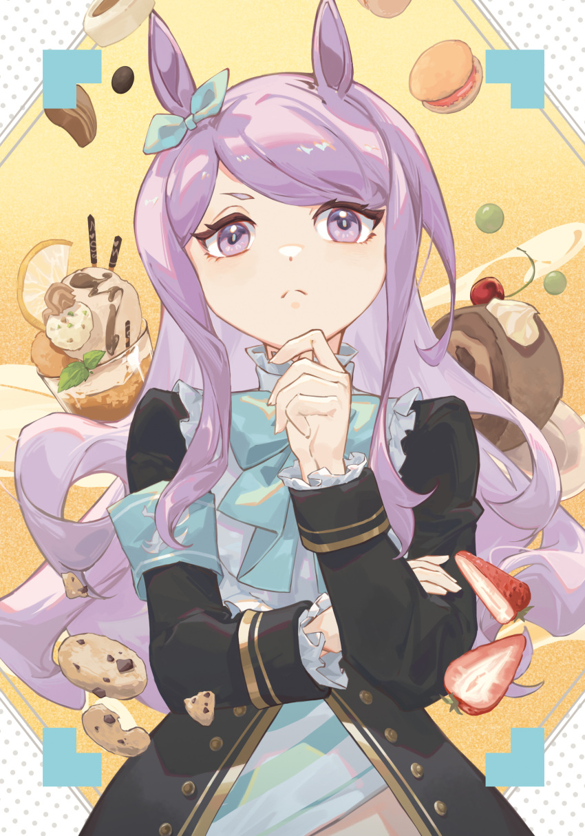 1girl absurdres animal_ears armband black_coat bow bowtie cake cherry chocolate closed_mouth coat cookie ear_bow food frown fruit hand_on_own_chin highres horse_ears long_hair long_sleeves macaron mejiro_mcqueen_(umamusume) mie_lu purple_hair shirt solo striped striped_shirt stroking_own_chin tiramisu umamusume upper_body violet_eyes