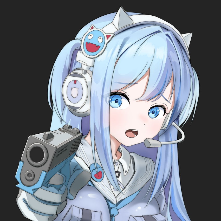 1girl animal_ear_headphones animal_ears black_background blue_eyes blue_hair blue_neckerchief breast_pocket breasts cat_ear_headphones collared_dress commentary_request crop_top dress fake_animal_ears goddess_of_victory:_nikke grey_shirt gun hair_between_eyes hands_up headphones headset highres holding holding_gun holding_weapon korean_commentary long_hair looking_at_viewer medium_breasts neckerchief open_mouth pocket pointing pointing_at_viewer pouch sailor_collar sharkzy shifty_(nikke) shirt short_sidetail short_sleeves side_ponytail sidelocks simple_background smile solo standing teeth weapon white_dress white_sailor_collar wrist_cuffs