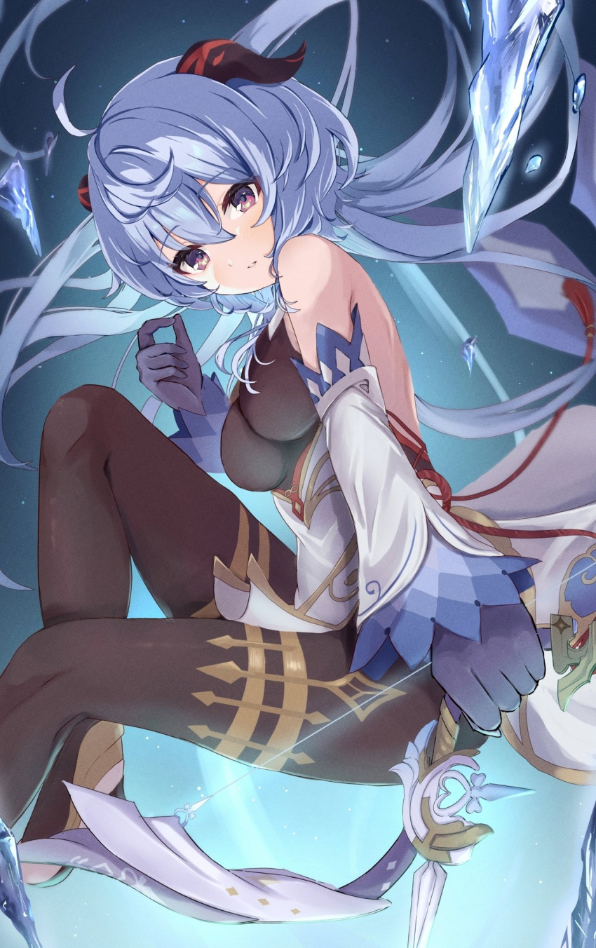 1girl ahoge amos'_bow_(genshin_impact) bare_shoulders black_pantyhose blue_gloves blue_hair bow_(weapon) breasts detached_sleeves floating from_side ganyu_(genshin_impact) genshin_impact gloves gold_trim high_heels highres holding holding_bow_(weapon) holding_weapon horns ice_shard long_hair looking_at_viewer low_ponytail medium_breasts pantyhose parted_lips pokeeeo_o red_rope rope sidelocks solo thighlet violet_eyes weapon white_sleeves