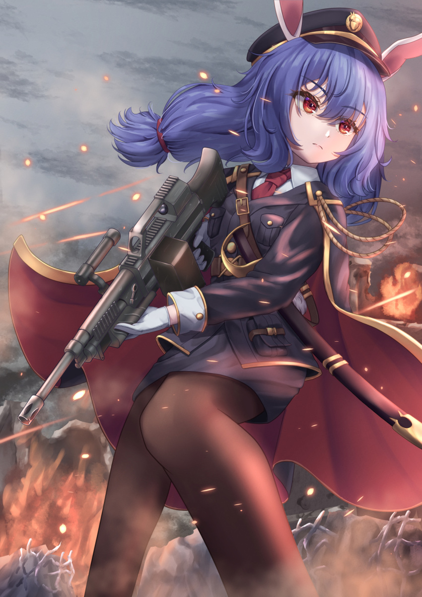 1girl alternate_costume animal_ears black_cape black_headwear black_jacket black_pantyhose black_vest blue_hair cape closed_mouth collared_shirt commentary feet_out_of_frame gloves grey_sky gun hat highres holding holding_gun holding_weapon jacket long_sleeves looking_at_viewer low_twintails medium_hair military military_uniform mizunisabano necktie outdoors pantyhose peaked_cap rabbit_ears rabbit_girl red_eyes red_necktie seiran_(touhou) shirt sky touhou twintails uniform vest weapon white_gloves white_shirt