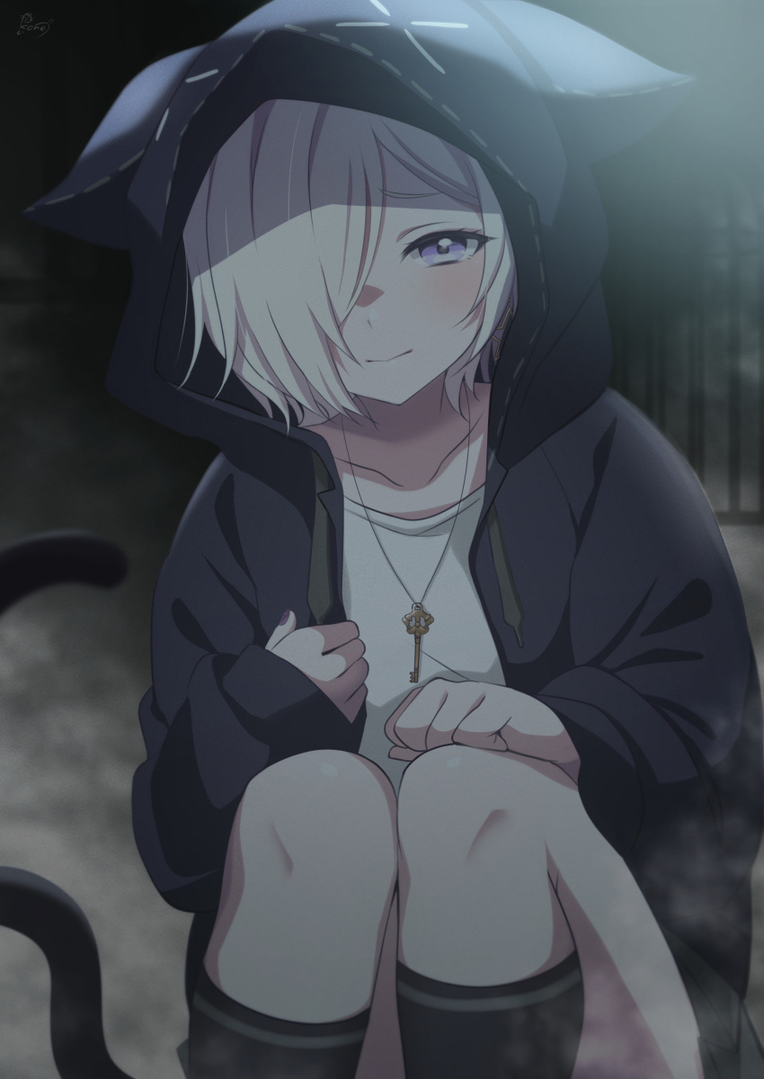 1girl absurdres animal_hood asymmetrical_bangs black_jacket black_socks blonde_hair blush cat_hood cat_tail commentary_request hair_over_one_eye highres hood hood_up hooded_jacket jacket jewelry key_necklace kneehighs long_bangs looking_at_viewer love_live! love_live!_nijigasaki_high_school_idol_club mia_taylor necklace open_clothes open_jacket pukonuu sad short_hair socks solo squatting tail wide_sleeves