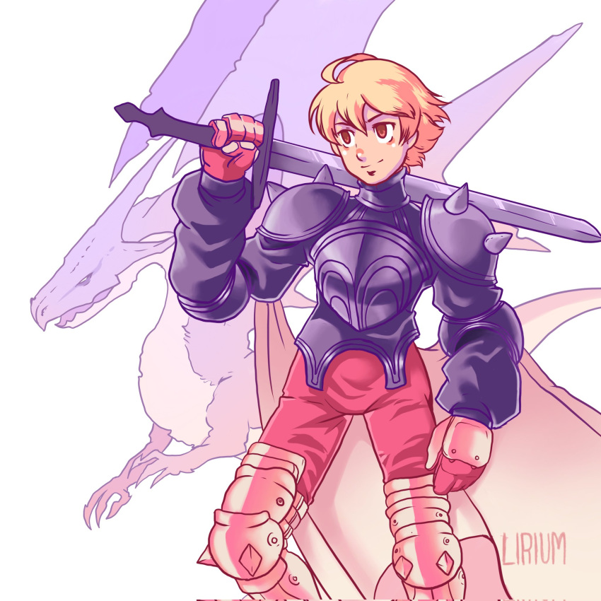 1boy ahoge armor armored_boots artist_name blonde_hair boots brown_eyes brown_pants cape dragon final_fantasy final_fantasy_tactics highres holding holding_sword holding_weapon john_st28 nose pants ramza_beoulve shoulder_armor sword weapon white_background