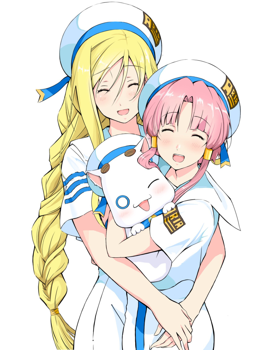 2girls alicia_florence andanden aria aria_company_uniform aria_pokoteng beret blonde_hair blue_bow blue_bowtie blue_ribbon blush bow bowtie braid braided_ponytail cat closed_eyes cowboy_shot dress hair_between_eyes hair_tubes hat hat_ribbon highres holding hug long_hair looking_at_viewer mizunashi_akari multiple_girls one_eye_closed open_mouth parted_bangs pink_hair ribbon short_hair_with_long_locks short_sleeves sidelocks simple_background smile undine_(aria) white_background white_dress white_headwear