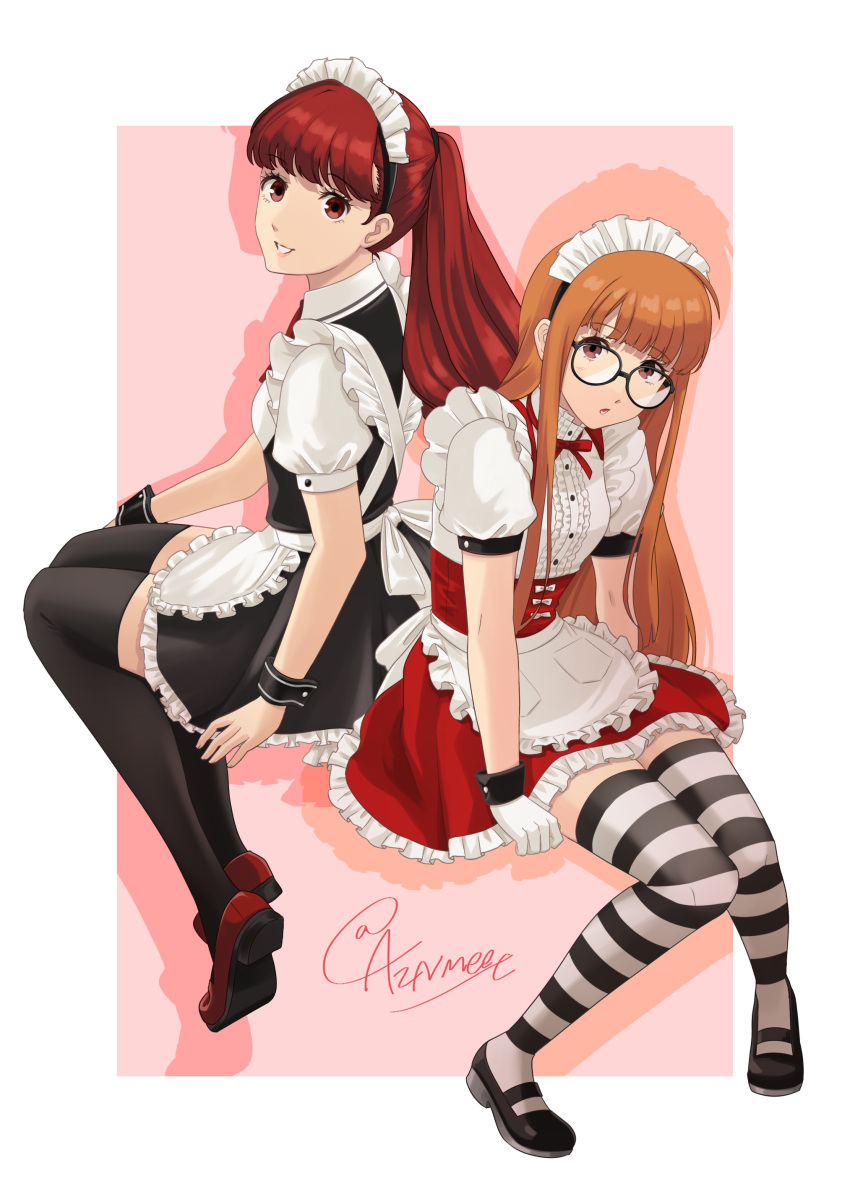 2girls absurdres aznmeee commission commissioner_upload glasses highres long_hair looking_at_viewer maid multiple_girls official_alternate_costume orange_hair persona persona_5 persona_5_the_royal ponytail red_eyes redhead sakura_futaba skeb_commission thigh-highs yoshizawa_kasumi