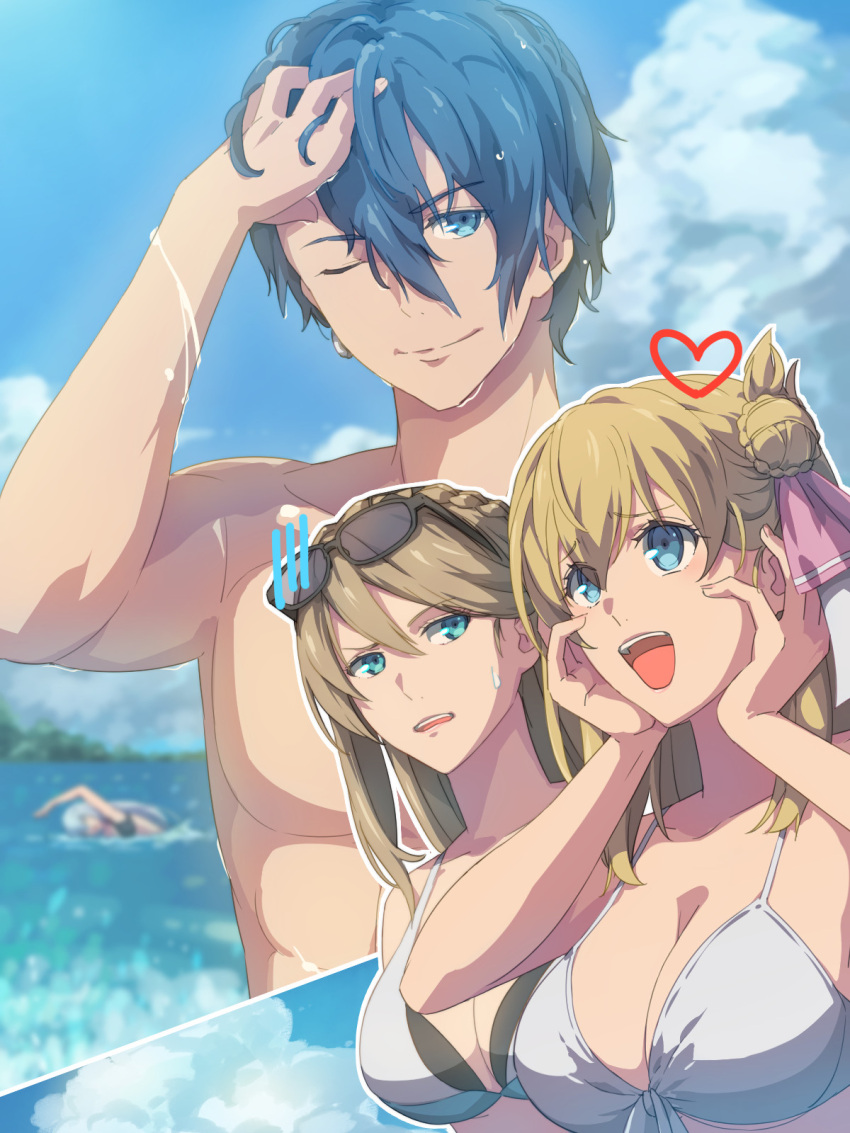 1boy 3girls abs agnes_claudel bikini blonde_hair blue_eyes blue_sky breasts brown_hair chiharu_(9654784) earrings eiyuu_densetsu elaine_auclair eyewear_on_head hair_bun heart highres jewelry kuro_no_kiseki large_breasts long_hair multicolored_hair multiple_girls ocean one_eye_closed open_mouth outdoors shizuna_rem_misurugi sidelocks sky smile swimming swimsuit two-tone_hair van_arkride water water_drop wet wet_hair white_hair