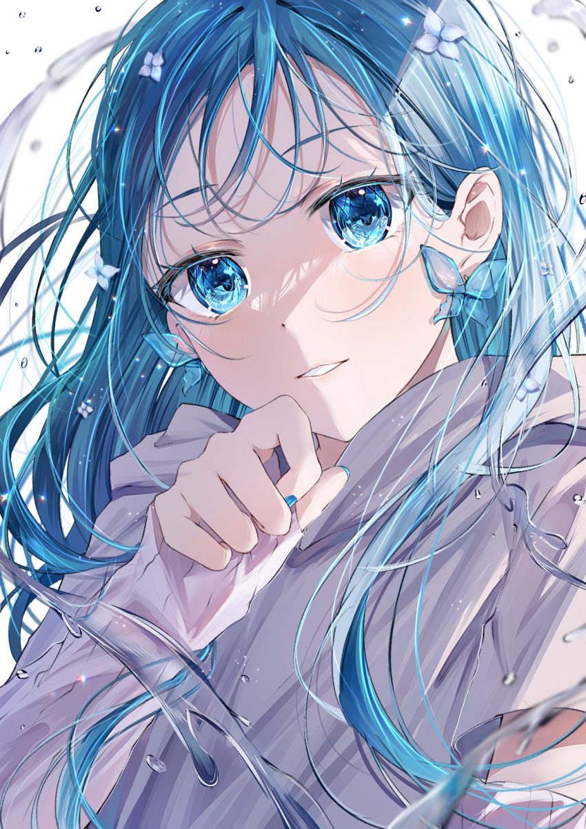 1girl blue_eyes blue_hair blue_nails blush butterfly-shaped_pupils butterfly_earrings commentary earrings english_commentary flower grey_hoodie hair_flower hair_ornament highres hood hoodie jewelry long_hair long_sleeves looking_at_viewer mahiru_yura nail_polish original parted_lips shadow simple_background smile solo upper_body white_background