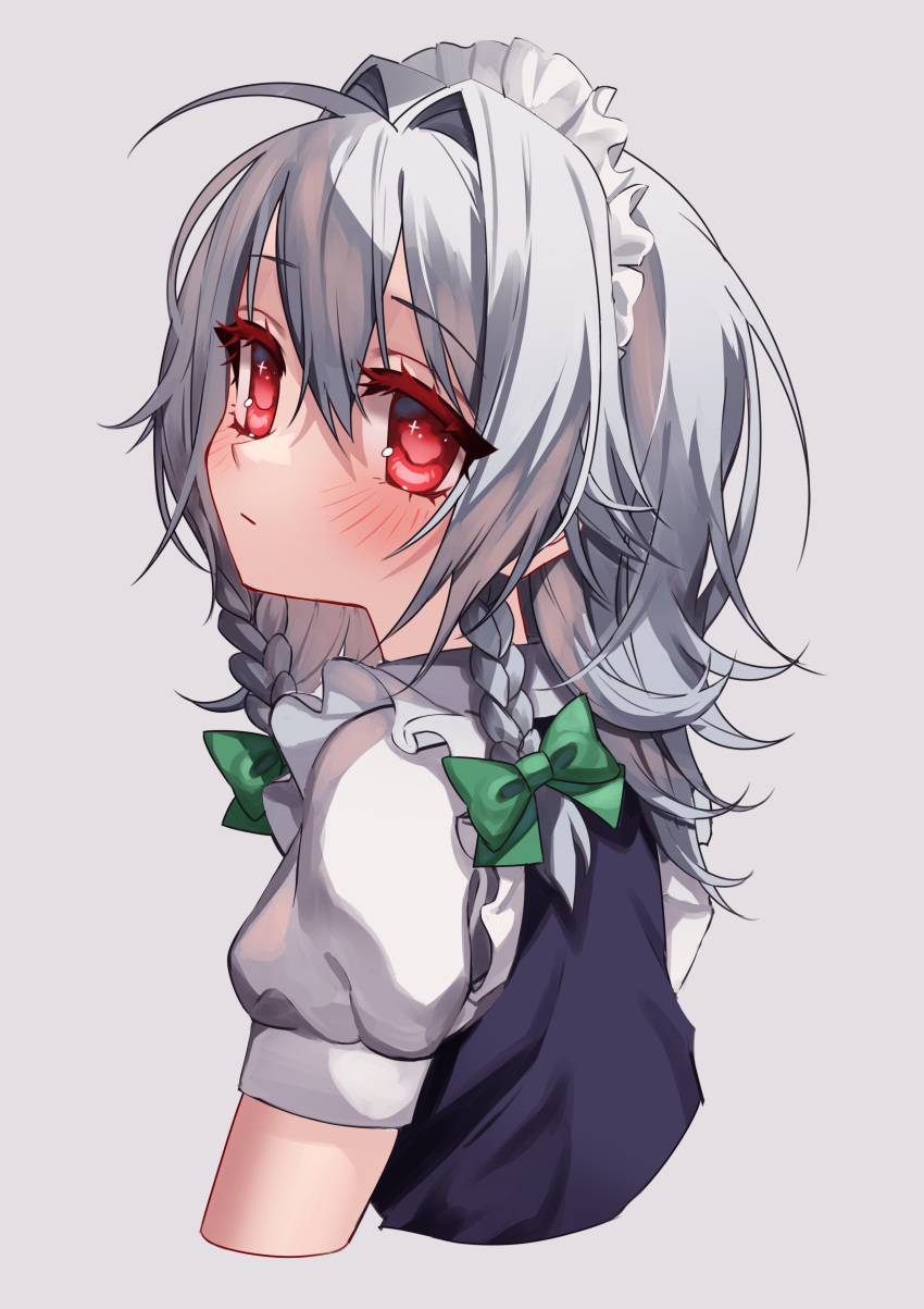 1girl absurdres blue_vest blush bow braid closed_mouth commentary cropped_torso expressionless from_side green_bow grey_background hair_bow hair_intakes highres izayoi_sakuya long_hair looking_at_viewer maid_headdress puffy_short_sleeves puffy_sleeves shianebulae shirt short_sleeves simple_background solo touhou twin_braids vest white_shirt