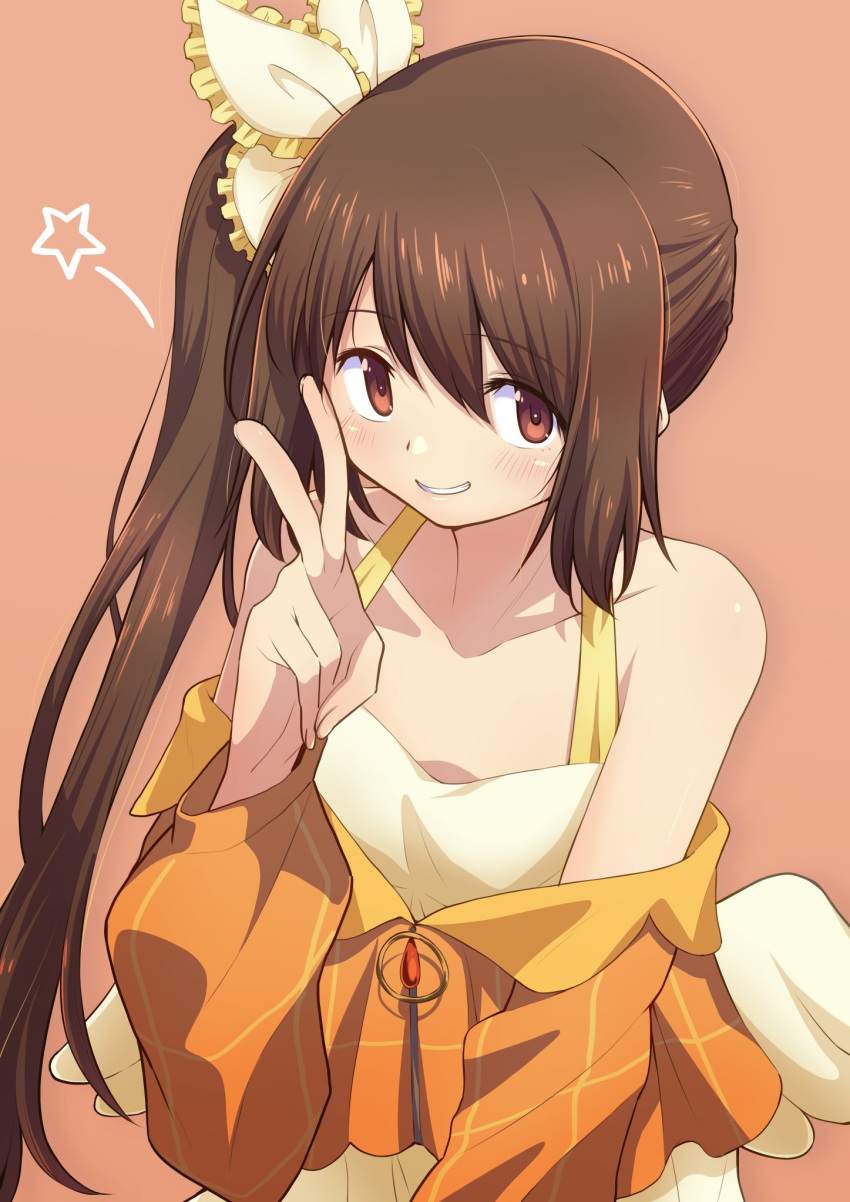 1girl arm_at_side bare_shoulders bow brown_hair clenched_teeth collarbone cropped_jacket dress fingernails frilled_bow frills grin hair_between_eyes hair_bow half-closed_eyes halter_dress halterneck hand_up highres jacket light_blush looking_at_viewer magia_record:_mahou_shoujo_madoka_magica_gaiden mahou_shoujo_madoka_magica orange_background orange_eyes orange_jacket parted_lips plaid plaid_jacket shiny_skin side_ponytail sidelocks simple_background smile solo star_(symbol) teeth touyu_(yuruyuruto) upper_body v yellow_bow yellow_dress yui_tsuruno zipper zipper_pull_tab