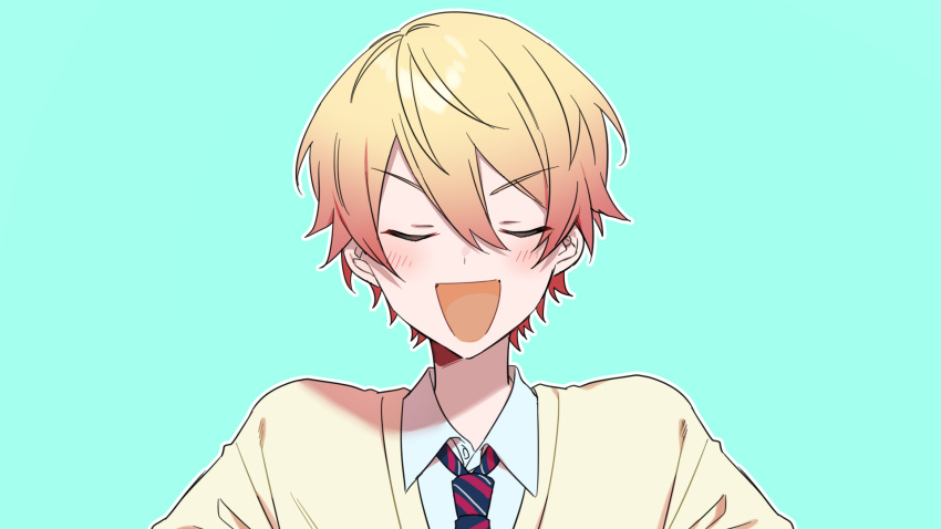 1boy :d blonde_hair blue_necktie blush buttons cardigan chanms closed_eyes collared_shirt commentary diagonal-striped_necktie double-parted_bangs facing_viewer gradient_hair hair_between_eyes highres kamiyama_high_school_uniform_(project_sekai) light_blue_background long_bangs male_focus multicolored_hair multicolored_necktie necktie orange_hair outline project_sekai red_necktie school_uniform shirt simple_background smile tenma_tsukasa upper_body white_necktie white_outline white_shirt yellow_cardigan